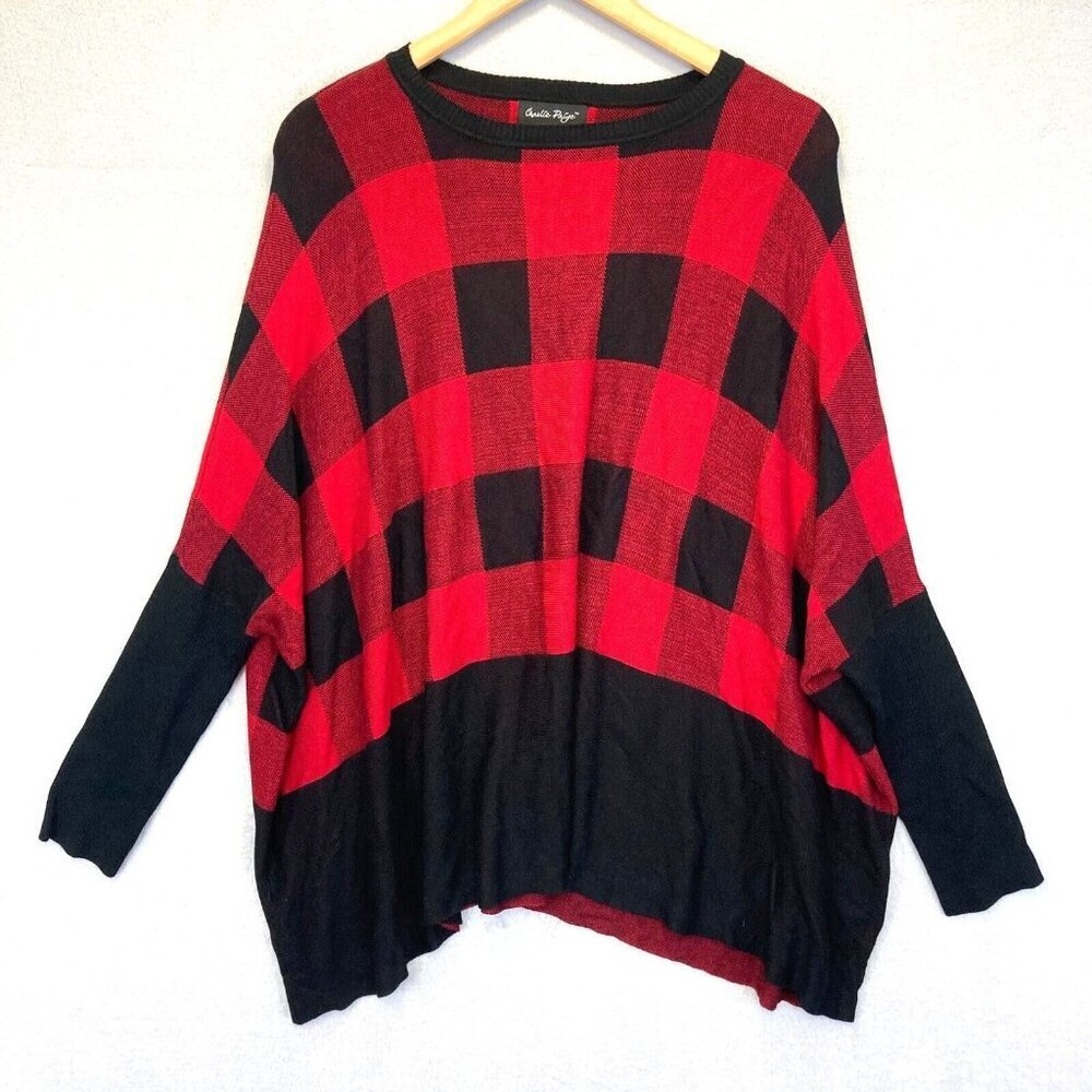 Charlie Paige Slouchy Buffalo Plaid Sweater Top Womens L / XL Red Black‎ Poncho